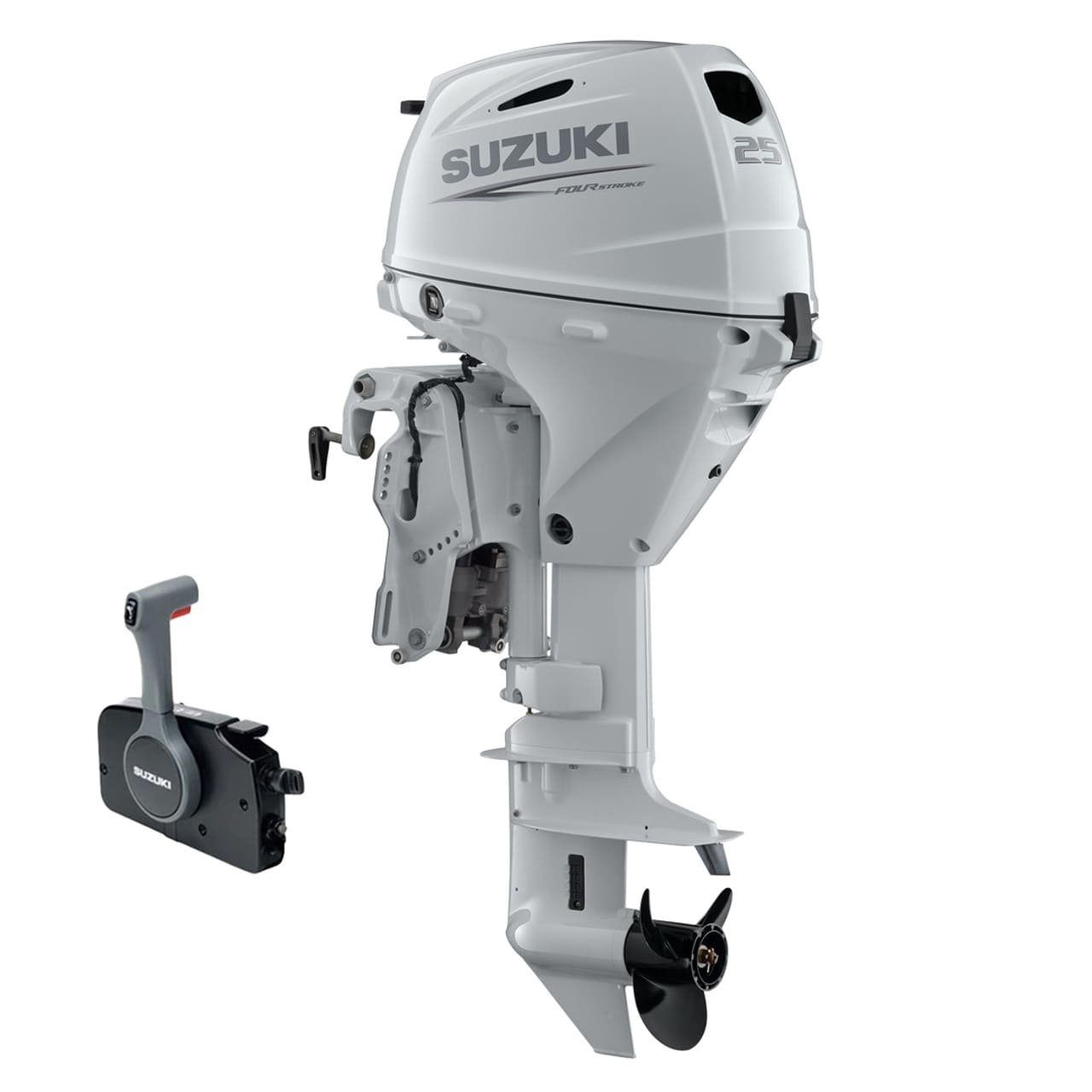 Suzuki DF25ATLW5 – 25 HP Long Shaft Outboard Motor | Electric Start, Power Tilt, White