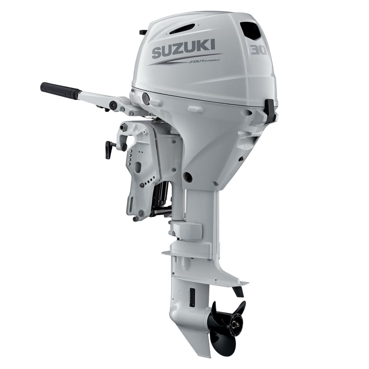Suzuki DF30ATHLW5 – 30 HP Long Shaft Outboard Motor | Electric Start, Power Trim & Tilt, Tiller, White